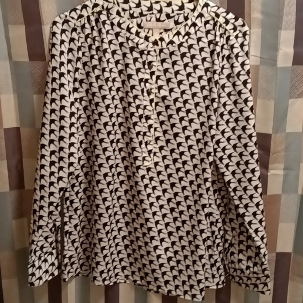 FINAL PRICE BANANA REPUBLIC black/white & neon green l/s blouse w bird designs M - Picture 3 of 3